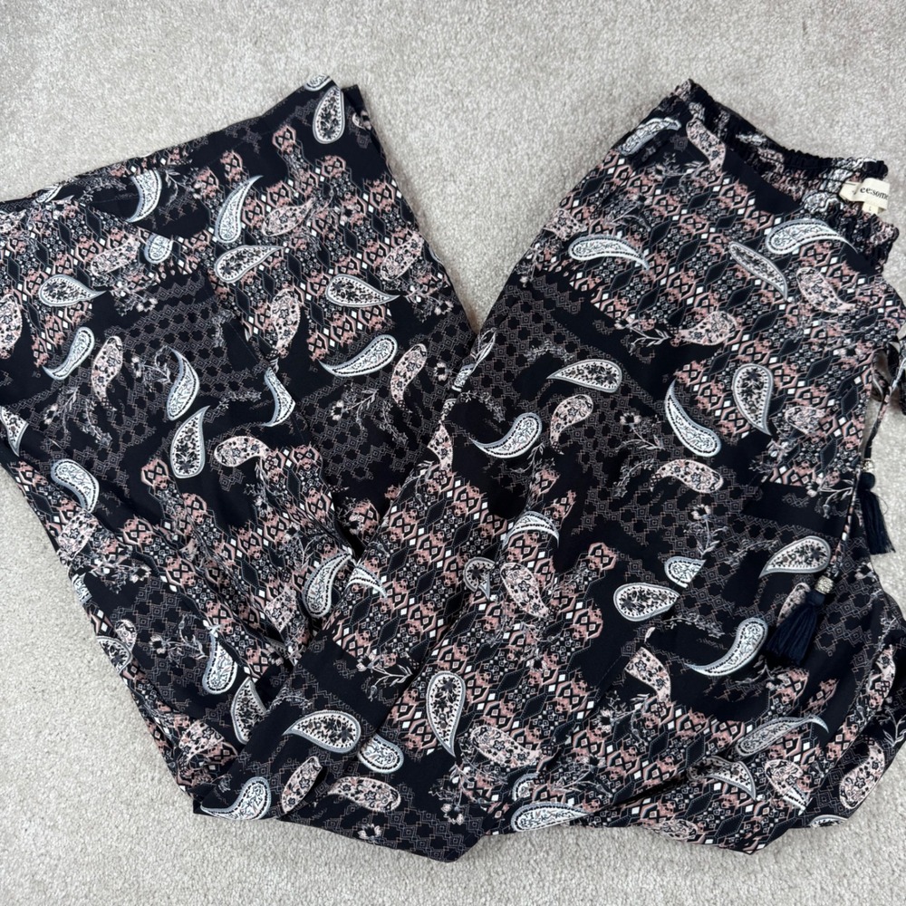 ee:some Women Black Pink Paisley Wide Leg Palazzo Pants Size L Boho Tassel Tulip
